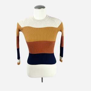 🍂 Pink Rose Multicolor Ribbed Colorblock Sweater (XS) – Fall Knit Top 🍂